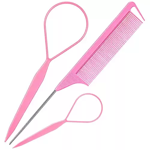 TsMADDTs 3Pack Hair Loop Tool Set with 2Pcs French Braid Tool Loop 1Pcs Rat Tail Comb Metal Pin Tail Braiding Comb for Hair Styling, Pink