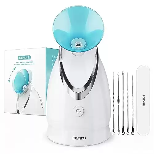 Facial Steamer EZBASICS Ionic Face Steamer for Home Facial, Warm Mist Humidifier Atomizer for Face Sauna Spa Sinuses Moisturizing, Unclogs Pores, Bonus Stainless Steel Skin Kit(Blue)