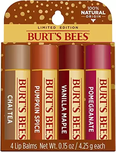 Burts Bees 100% Natural Moisturizing Lip Balm, Winter Variety Pack, Chai Tea, Pumpkin Spice, Vanilla Maple, Pomegranate, 4 Tubes of Lip Balm, 0.15 Ounce (Pack of 4)