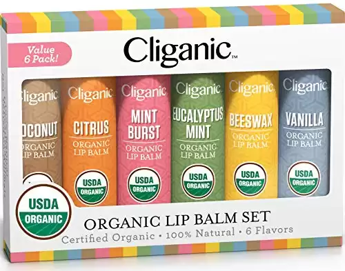 Cliganic USDA Organic Lip Balm Set - 6 Flavors - 100% Natural Moisturizer for Cracked & Dry Lips