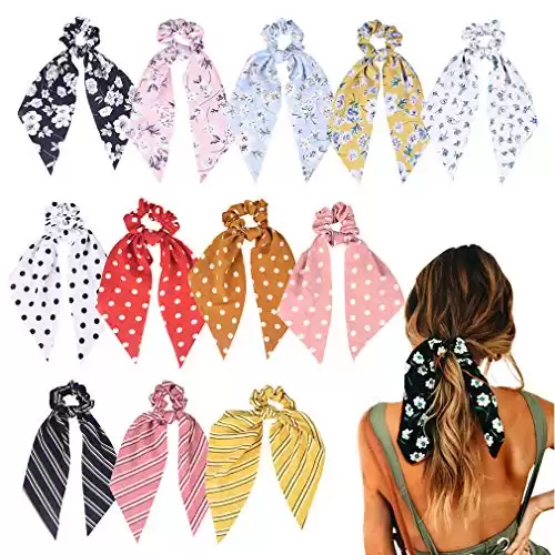 12 Pcs Hair Scarf/ Scrunchies Chiffon Floral Ponytail Holder Scrunchy Bands Ties 2 in 1 Vintage Accessories for Women Girls