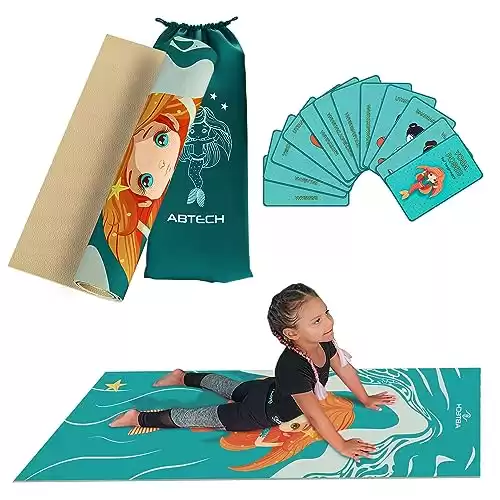 Abtech Yoga Mat for Kids Comfortable, Chemical Free, Non-Toxic, Non-Slip Mat - 60 x 24 x 0.2 In. w/ 12 Yoga Cards for Kids - Cute Carrier Bag - Blue, Age 3-12