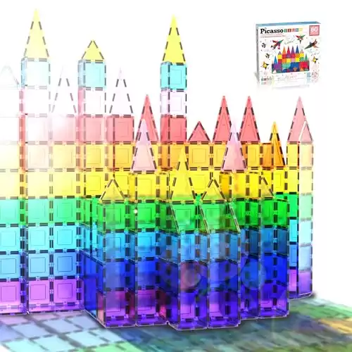 PicassoTiles 60 Piece Set 60pcs Magnet Building Tiles Clear Magnetic 3D Blocks Construction Playboards - Creativity beyond Imagination, Inspirational, Recreational, Educational, Conventional