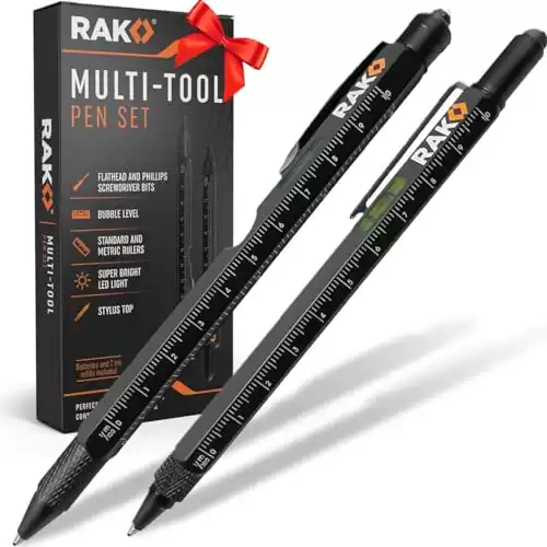 RAK 2-in-1 Multi-Tool Pen Set (2 Pack) Dad Christmas Gifts for Men - LED Tactical Pen Light, Stylus, Ruler, Level, Bottle Opener, Screwdriver, Ballpoint - Stocking Stuffer Gifts for Him