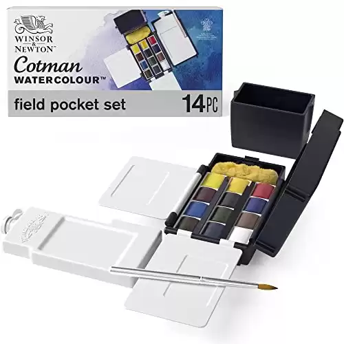 Winsor & Newton Cotman Watercolor Paint Set, Field Pocket Set, 12 Half Pan w/ Brush, Sponge, Bottle