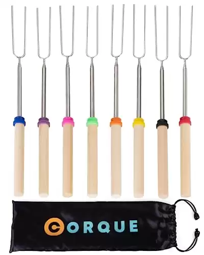 CORQUE Marshmallow Roasting Sticks, Smores Sticks, Extendable, Camping Skewer for Fire Pit, Wooden Handle, 32inch Metal for BBQ Hotdog, Cooking, Campfires, Bonfires, Set of 8