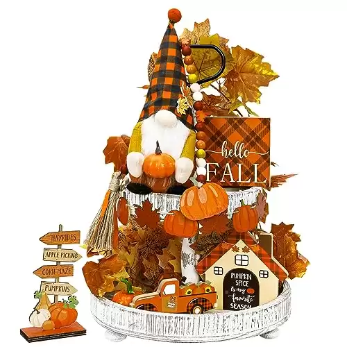 12 PCS Thanksgiving Tiered Tray Decor, Rustic Farmhouse Autumn Wooden Signs Plush Gnome Bead Garland Pumpkins Maple Leaves Banner Hello Fall Ornament for Harvest Table Centerpieces Party Decorations