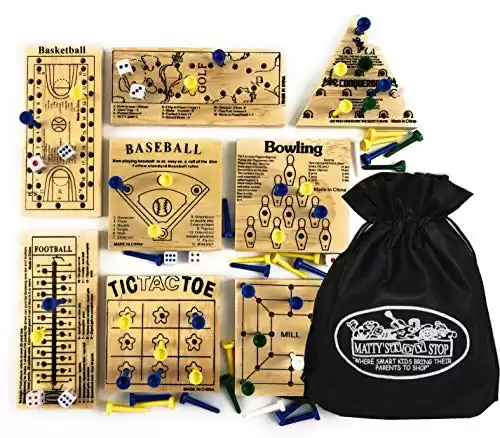 Matty's Toy Stop Deluxe Classic Peg Games Wood Puzzles (Baseball, Basketball, Bowling, Conqueror, Football, Golf, Mill & Tic Tac Toe) Gift Set Bundle with Bonus Storage Bag - 8 Pack