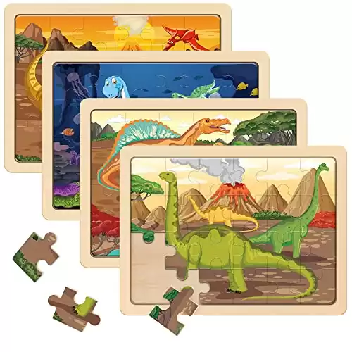 Wooden Dinosaur Puzzles for Kids Ages 3-5, 4 Packs 24 PCs