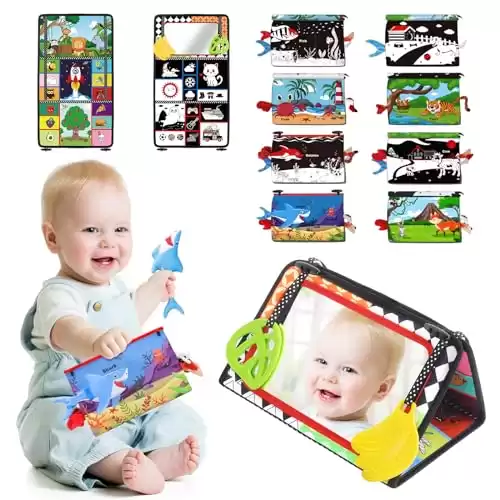 KETIEE Baby Tummy Time Mirror Toys, 3 in 1 Black and White High Contrast Infant Toys with Crinkle Cloth Book, Shark Doll & Teether Newborn Montessori Sensory Toys for Baby Boy Girl 0-3-6-9-12 Mont...