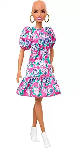 Barbie Fashionistas Doll #150 with No-Hair Look Wearing Pink Floral Dress, White Booties & Earrings, Toy for Kids 3 to 8 Years Old