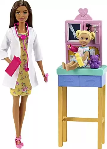 Barbie Careers Doll & Playset, Pediatrician Theme with Brunette Fashion Doll, 1 Patient Doll, Furniture & Accessories,White