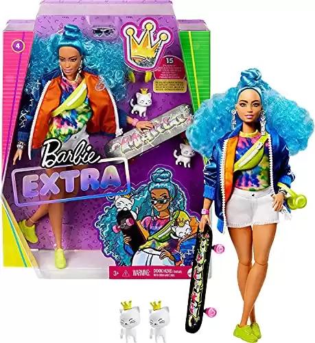 Barbie Extra Doll & Accessories with Curvy Shape & Extra-Curly Blue Hair in Zippered Bomber Jacket with 2 Kittens