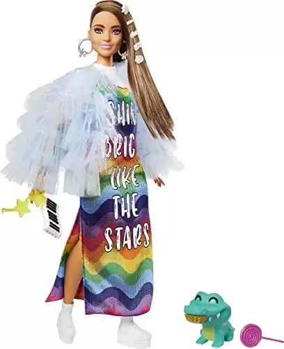 Barbie Extra Doll & Accessories with Long Brunette Hair and Bling Clips in Multi-Colored Dress with Pet Crocodile